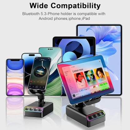 Hupoaf Adjustable Cell Phone Stand with Wireless Induction Bluetooth Speaker, HD Surround Sound for Home and Outdoors, Compatible with iPhone/iPad/Samsung Galaxy, Popular Gifts for Men Women Dad Mom