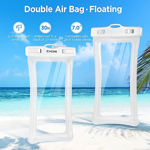 CACOE Floatable Waterproof Phone Pouch 2 Pack Up to 7.0",White+Blue | Floatable, IPX8 Waterproof Phone Case,Adjustable Lanyard,Dry Bags for Beach/Cruise/Travel/Camping/Kayak/Vacation Essentials - color: White+Blue