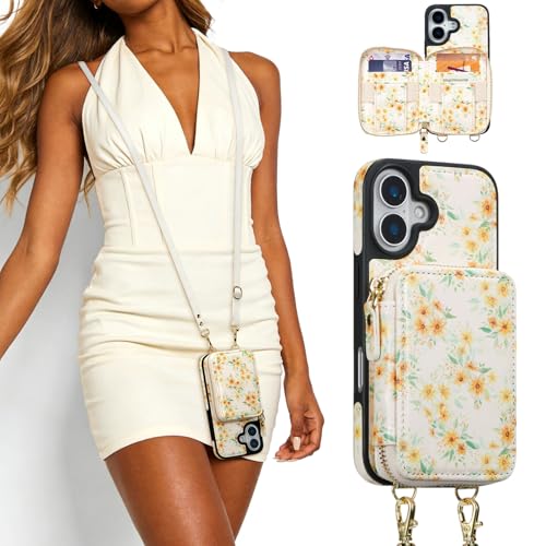 ZCDAYE Zipper Crossbody Wallet Case for iPhone 16 Plus, Sunflower | Flip Folio PU Leather, Practical Card Holder, Adjustable Lanyard Strap, RFID Blocking, Warm Sunflower Girly Phone Case - color: Sunflower, size: iPhone 16 Plus