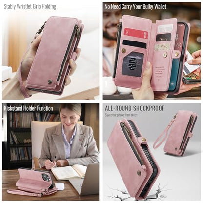 Defencase for iPhone 13 Pro Wallet Case with RFID Card Holder, Rose Pink | Durable Soft PU Leather, with Zipper Pocket, Wrist Strap, Fashion Snap Flip Phone Cases Cover with Stand for Women and Men - color: Rose Pink