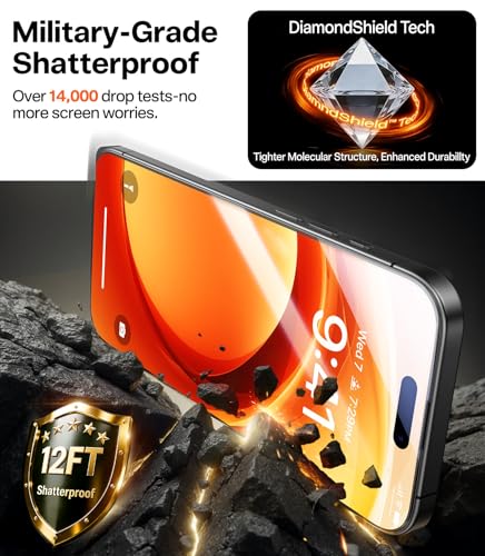 TORRAS Unbreakable for iPhone 17 Pro Screen Protector, 9H+ Military-Grade,12 FT Shatterproof, Aerospace Tempered Glass 2 Pack - Full Coverage, Anti-Scratch, Bubble-Free, Easy Installation,6.3 inch - size: iPhone 17 Pro (6.3 inches)