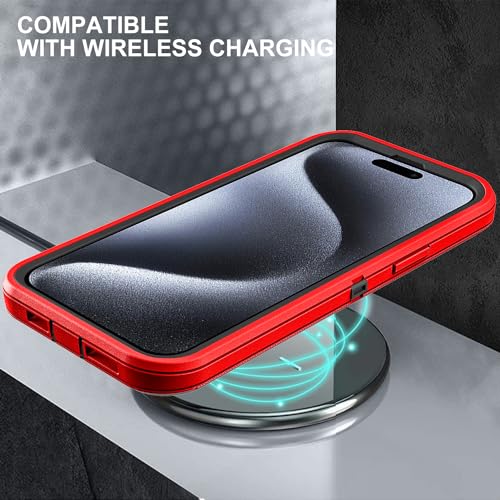 YKHJKLEC for iPhone 15 Pro Case, Military Grade 3 in 1 Heavy Duty Shockproof/Drop Proof/Dust Proof Case with 2Pcs Tempered Glass Screen Protector (Red/Black) - color: Red/Black