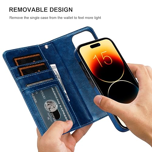 Bocasal Detachable Wallet Case Card Holder for iPhone 15 Pro, Blue | RFID Blocking Kickstand Card Slots Holder PU Leather Magnetic Shockproof Wrist Strap Removable Flip Protective Cover 6.1 inch - color: Blue