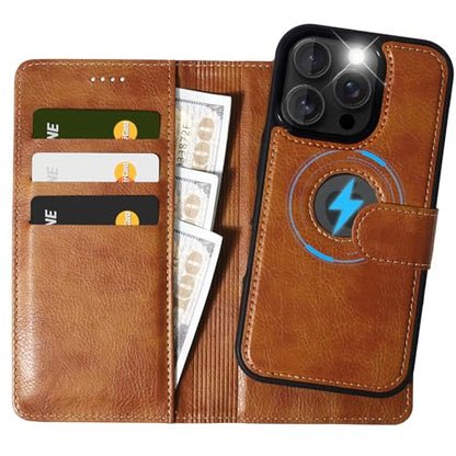 2 in 1 PU Leather for iPhone 16 Pro Case, Detachable Wallet Case with Card Holder, Removable Flip Folio Cover with RFID Blocking, Stand Shockproof Phone Cover（Compatible with MagSafe） Brown - color: Brown, size: Iphone 16 pro
