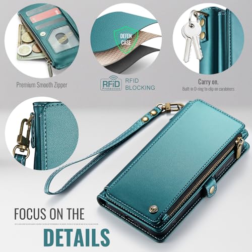 Defencase for Samsung Galaxy A26 5G Wallet Case with Card Holder, Bluegreen | RFID Blocking, Zipper Pocket, Durable PU Leather, Wrist Strap, Fashion Snap Flip Phone Cases Cover with Stand for Women Men - color: Blue Green
