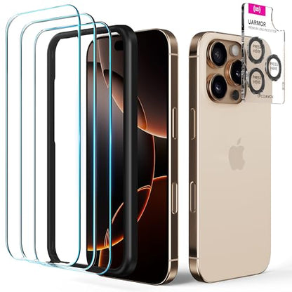 UARMOR Glass 3 Pack Screen Protector & 1 Pack Camera Lens Protector for iPhone 16 Pro (6.3 Inch) 9H Tempered Glass with Easy Installation Kits (Clear) - size: iPhone 16 Pro