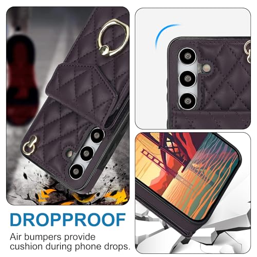 Phone Case for Samsung Galaxy S24 5G Wallet Cover with Tempered Glass Screen Protector Crossbody Wrist Strap Ring RFID Blocking Credit Card Holder Cell S 24 24S G5 SM-S921U Women Men Girls Dark Purple - color: Dark Purple