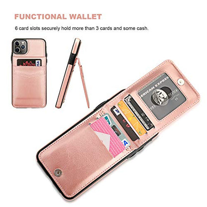 KIHUWEY for iPhone 11 Pro Max Wallet Case Card Holder Kickstand, Rose Gold | Credit Card Slots, PU Leather, Magnetic Clasp, Flip Heavy Duty Protection Cover for Men and Women - color: Rose Gold
