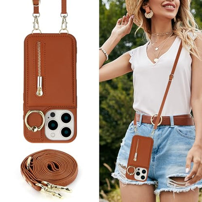 Crossbody Wallet Case for iPhone 12 Pro Max, with Card Slots Zipper Pocket Case, Flip Folio Purse RFID Blocking with Ring Kickstand Detachable Strap-Brown - color: Brown, size: iPhone 12 Pro Max(6.7")