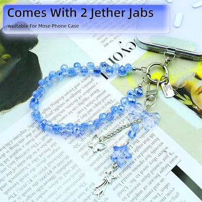 Crystal Beaded Phone Wrist Strap, Cute Cellphone Lanyard Chain, Bow Keychain Wristlet Bag Charms for Women - color: Bow/Blue