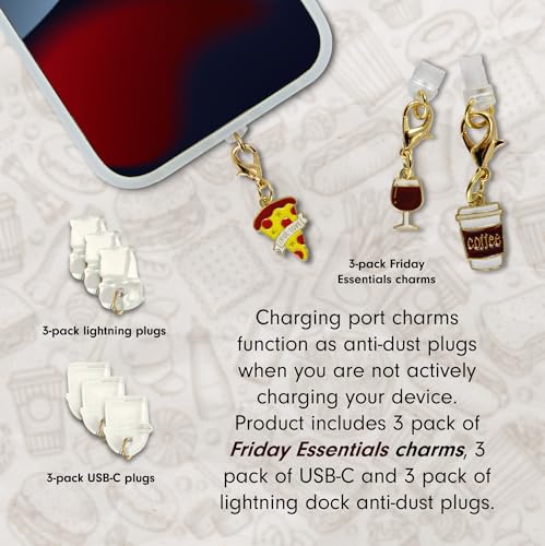 Sonix Dust Plugs - USB C + Lightning Compatible - Enamel Charging Port Charms (3 Pack) - Friday Essentials - Wine, Pizza, Coffee - color: Friday Essentials