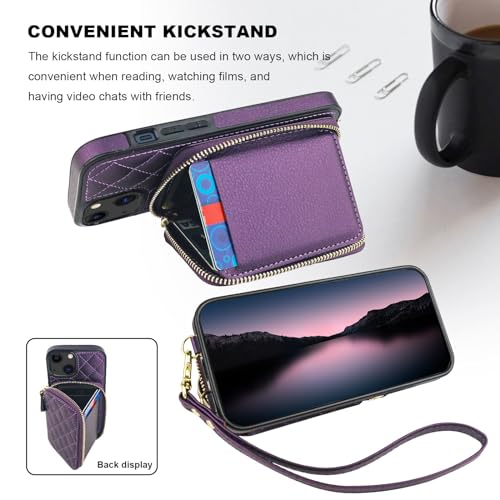 Bocasal Crossbody Wallet Case Card Holder for iPhone 13, Dark Purple | RFID Blocking PU Leather Zipper Handbag Purse, Kickstand Flip Folio Case with Card Slots Holder Wrist Strap Lanyard 6.1 Inch - color: Dark Purple
