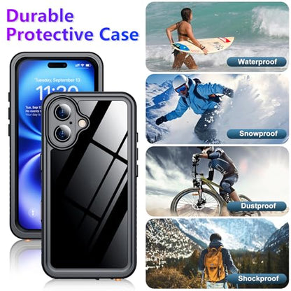 Compatible with iPhone 16 Case Waterproof, Built-in Screen & Camera Protector IP68 Underwater Full Body 16FT Military Dropproof Shockproof Phone Case 6.1"-Black/Clear - color: Black, size: iPhone 16