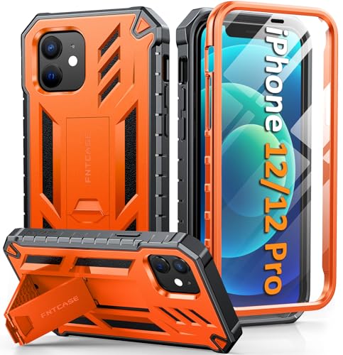 FNTCASE for iPhone 12 Phone Case: for iPhone 12 Pro Phone Case Military Grade Drop Proof Rugged Protective Cover with Kickstand | Matte Textured Shockproof TPU Hybrid Bumper Cases 6.1 inch - Orange | 20FT Military-Grade Drop Protection, Anti-Slip Matte Te