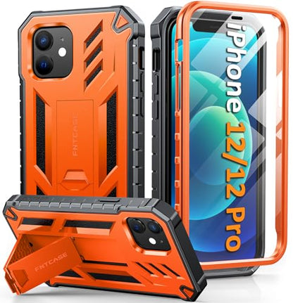FNTCASE for iPhone 12 Phone Case: for iPhone 12 Pro Phone Case Military Grade Drop Proof Rugged Protective Cover with Kickstand | Matte Textured Shockproof TPU Hybrid Bumper Cases 6.1 inch - Orange | 20FT Military-Grade Drop Protection, Anti-Slip Matte Te