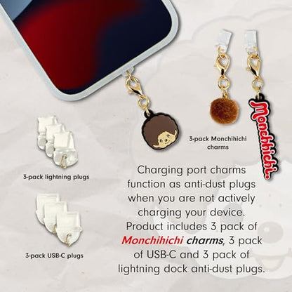 Sonix Dust Plugs - USB C + Lightning Compatible - Monchhichi Silicone Character Charging Port Charms (3 Pack) - Monchhichi, Pom Pom, Logo - color: Monchhichi