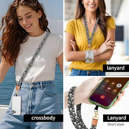 Phone Lanyard Crossbody Wrist Strap, Universal Adjustable Neck Strap for Phone Case Keys ID Badges, Travel Essential - color: Black White Skulls