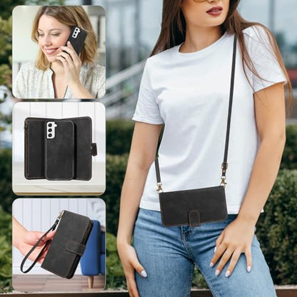 Asuwish Phone Case for Samsung Galaxy S22 5G Zipper Wallet Detachable Magnetic Cover with Tempered Glass Screen Protector Crossbody Lanyard Strap Card Holder S 22 22S 4G G5 6.1 inch Women Girls Black - color: Black