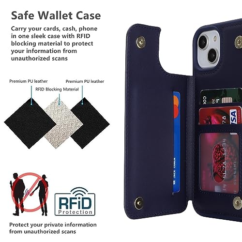 iCoverCase Compatible with iPhone 14 Case with Card Holder, Wallet Case for Women Men RFID Blocking PU Leather Protective Phone Case 6.1 Inch (Dark Blue) - color: Dark Blue