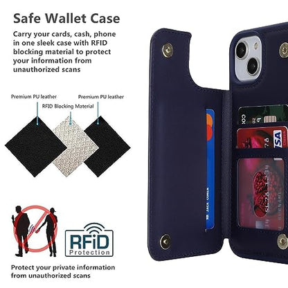 iCoverCase Compatible with iPhone 14 Case with Card Holder, Wallet Case for Women Men RFID Blocking PU Leather Protective Phone Case 6.1 Inch (Dark Blue) - color: Dark Blue