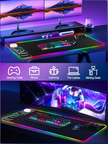 Magnetic Charging Mouse Pad 31.5x15.75, 15W Fast Wireless Charging Desk Mat, XXL Desk Pad RGB Gaming Mousepad, Home Office Large Keyboard Pad with Ultra-Smooth Surface, Non-Slip Base - color: 31.5x15.75"Magnetic RGB-Black with PD Charger