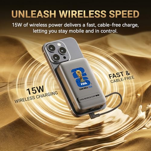 2026 FIFA Licensed 10000mAh Magnetic Power Bank with Built-in Cable and Stand, 15W Wireless Battery Pack for iPhone 17/16 Series, Apple Watch, FIFA World Cup 2026 Official Merchandise, Blue USA Badge - color: Titanium Grey + Blue USA Badge