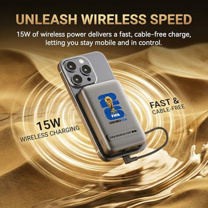 2026 FIFA Licensed 10000mAh Magnetic Power Bank with Built-in Cable and Stand, 15W Wireless Battery Pack for iPhone 17/16 Series, Apple Watch, FIFA World Cup 2026 Official Merchandise, Blue USA Badge - color: Titanium Grey + Blue USA Badge