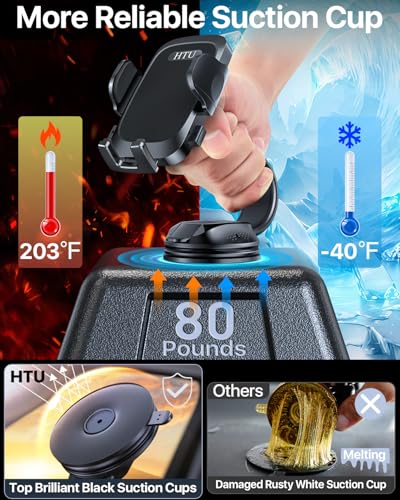 HTU [True Military-Grade Car Phone Holder [2026 Upgraded Strongest Suction & Vent Clip] Cell Phone Car Mount for Dashboard Windshield Vent Truck Cradle Dash Stand,(Black)