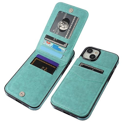 KIHUWEY for iPhone 15 Plus Wallet Case Card Holder Kickstand, Mint Green | Credit Card Slots, PU Leather, Magnetic Clasp, Flip Heavy Duty Protection Cover for Men and Women - color: Mint Green