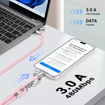 2-in-1 Phone Lanyard USB-C Charging Cable, 60W Fast Charge Braided Crossbody Strap, Adjustable Anti-Lost Cord - color: Pink