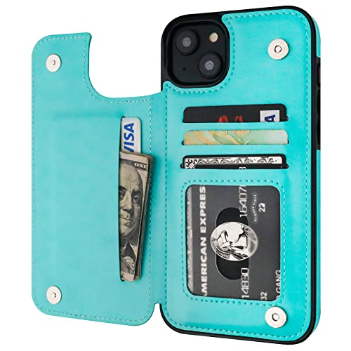 ONETOP for iPhone 14 Plus Wallet Case with Credit Card Holder,LightBlue | Kickstand,ID/Cash Holder,Case Wallet with Card Slots,Double Magnetic Clasp,Durable PU Leather Shockproof Cover for Women Men - color: Light Blue