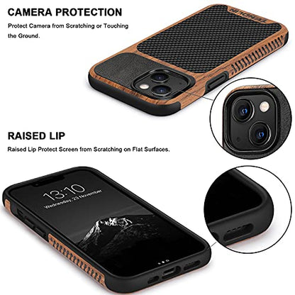 TENDLIN Compatible with iPhone 13 Case Wood Grain with Carbon Fiber Texture Design Leather Hybrid Case Compatible for iPhone 13 6.1-inch Released in 2021 Black - color: Black