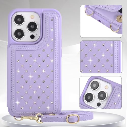 Crossbody Wallet Case for iPhone 12 Pro Max(6.7") with Detachable Strap - PU Leather Flip Folio with Card Slots & RFID Blocking, Sparkling Diamond Accents-Purple - color: Purple, size: iPhone 12 Pro Max(6.7")