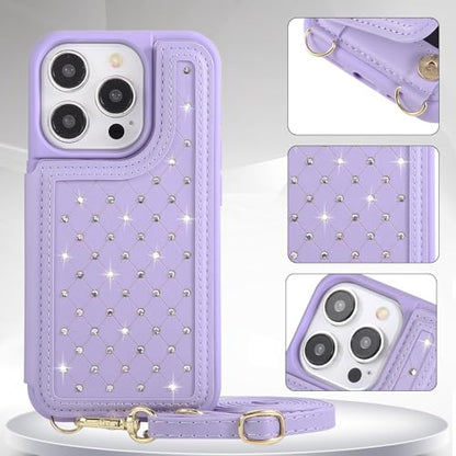 Crossbody Wallet Case for iPhone 12 Pro Max(6.7") with Detachable Strap - PU Leather Flip Folio with Card Slots & RFID Blocking, Sparkling Diamond Accents-Purple - color: Purple, size: iPhone 12 Pro Max(6.7")