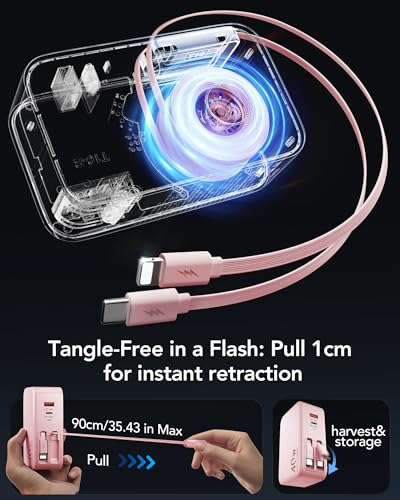 4-in-1 Retractable USB C Wall Charger,40W Fast Charging for Multi-Device - color: Pink