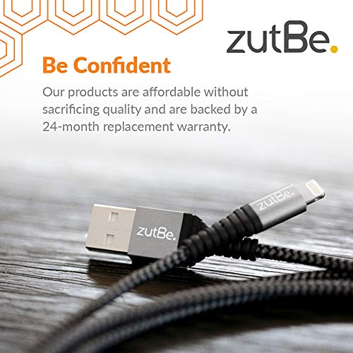 zutBe Shield USB-A to Lightning Silver&Black MFi Certified Lightning Cable, Reinforced Braided Kevlar Charger Compatible with All iPhone 12, SE, 11, X, 8, 7, 6, iPad, iPod (3 Ft) - size: 3 foot