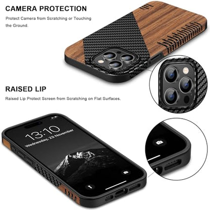 TENDLIN Compatible with iPhone 15 Pro Case Wood Grain with Carbon Fiber Texture Design Leather Hybrid Slim Case (Twill) - color: Twill, size: iPhone 15 Pro