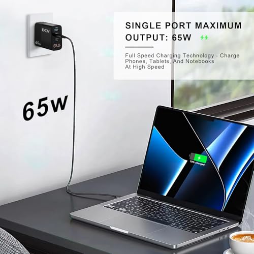 DCV 65W USB C Charger, GaN 3-Port Fast Charging Block with LED Digital Display, PD/PPS/QC 3.0 Foldable Wall Charger for Laptops, MacBook, iPhone 17/16, iPad Pro, Galaxy S23/S22, Note 20, without Cable - color: Black