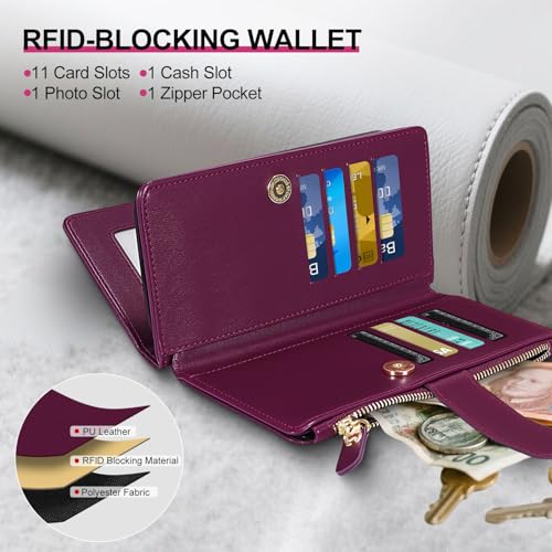 Magnetic Case for iPhone 16E Wallet Compatible with Magsafe RFID Blocking Card Holder Detachable Phone Cover Kickstand Snap Strap Zipper Pocket PU Leather (Burgundy) - color: Burgundy, size: iPhone 16e