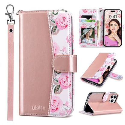 ULAK Compatible with iPhone 15 Pro Wallet Case with Card Holder, Rose Gold | [RFID Blocking] Flower Flip Case Wallet for Women Girls PU Leather Kickstand Wrist Strap Shockproof Cover 6.1 inch - color: Rose Gold, size: iPhone 15 Pro - 6.1 inch