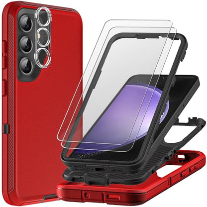 for Samsung Galaxy S23 FE Case with 2Pcs Tempered Glass Screen Protector and 1Pcs Camera Lens Protector, 3 in 1 Heavy Duty Shockproof/Drop Proof/Dust Proof Case (Red/Black) - color: Red/Black