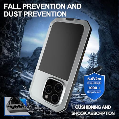 for iPhone 16 Pro Max Metal Case 6.9",Heavy Duty Shockproof Aluminum Alloy Tough Armour Military Phone Case,360 Full Body Protective Cover with Silicone Built-in Screen Protector - Silver - color: Silver