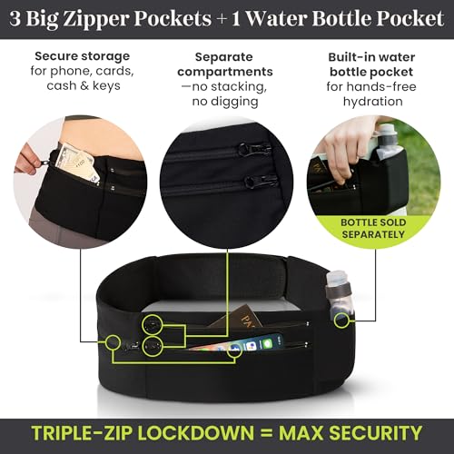 StashBandz Running Belt Money Belt, 3 Large Zippered Pockets, Phone Holder - size: Medium