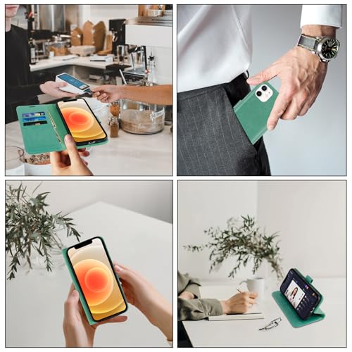 MONASAY Wallet Case Compatible for iPhone 12 mini 5G 5.4-inch,[Glass Screen Protector Included] [RFID Blocking] Flip Folio Leather Cell Phone Cover with Credit Card Holder, Mint - color: Mint