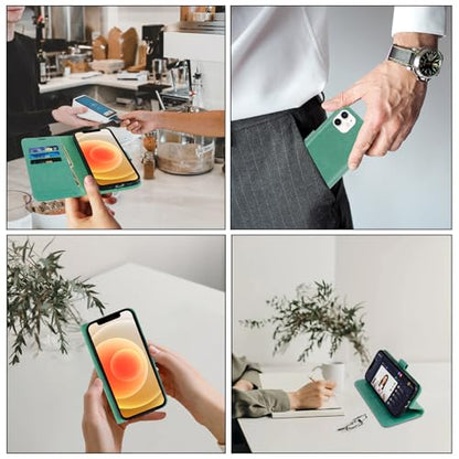 MONASAY Wallet Case Compatible for iPhone 12 mini 5G 5.4-inch,[Glass Screen Protector Included] [RFID Blocking] Flip Folio Leather Cell Phone Cover with Credit Card Holder, Mint - color: Mint