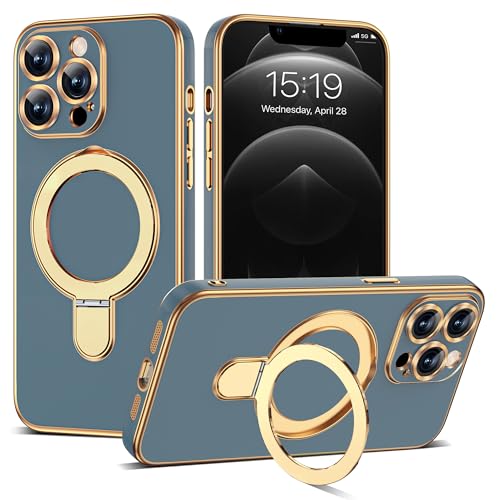 Compatible with iPhone 12 Pro Case with Magnetic Ring Stand [Compatible with Mag-Safe] [Full Camera Lens Protector] Soft Plating Phone Case for iPhone 12 Pro 6.1", Grey Blue - color: Grey Blue, size: Iphone 12 Pro