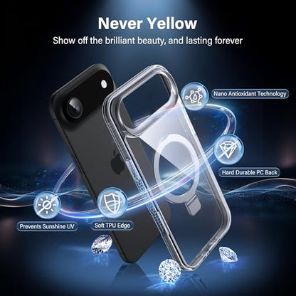 Magnetic Case for iPhone Air - [Built-in Invisible Stand] [Compatible with MagSafe] [Military Grade Drop Protection] Anti-Yellowing Hard Back Silicone Edge Cover, 6.5", Clear - color: Clear, size: iPhone Air 6.5''