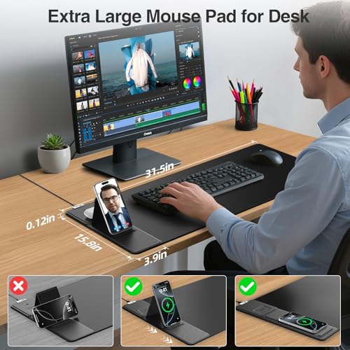 Wireless Charging Mouse Pad with Foldable Phone Holder, 31.5"x15.8", Black