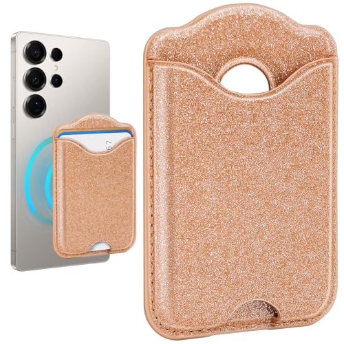 Fjcdslwx Compatible with Magsafe Wallet Magnetic Card Holder -Glitter Gold Phone Wallet for Galaxy S25 Series,iPhone 17/16/15/14/13 Series for Women Teen Girls for Apple Mag RFID Magnet,Fit 3 Cards - color: Gold