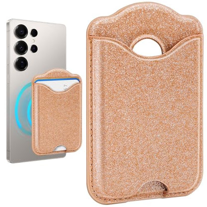 Fjcdslwx Compatible with Magsafe Wallet Magnetic Card Holder -Glitter Gold Phone Wallet for Galaxy S25 Series,iPhone 17/16/15/14/13 Series for Women Teen Girls for Apple Mag RFID Magnet,Fit 3 Cards - color: Gold